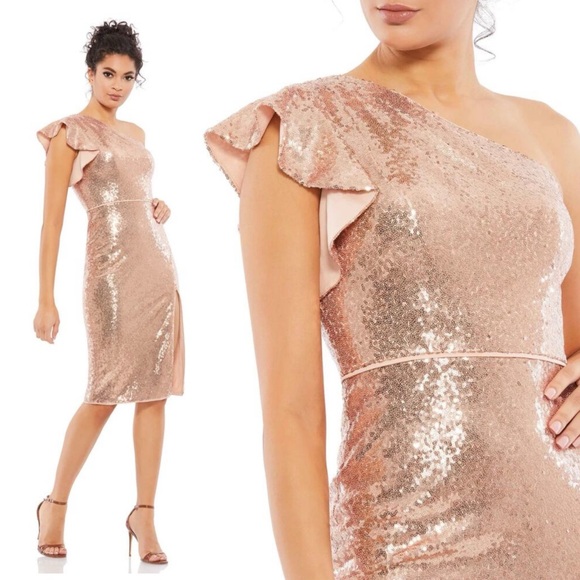 IEENA FOR MAC DUGGAL 49290 One Shoulder Ruffled Sequin Midi Dress Copper 4 NEW - Picture 10 of 10